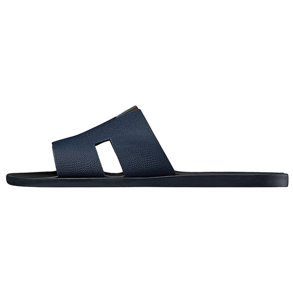 Hermes Izmere first layer cowhide flat-bottomed comfortable fashion sandals men's dark blue, H152415Z HI2