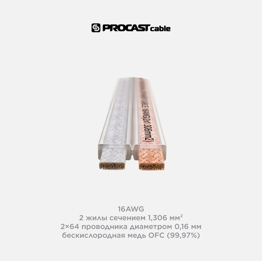 PROCAST cable STFL 16.OFC.1,306 Плоский инсталляционный Hi-Fi спикерный (акустический) кабель, 16AWG(2x1,306mm2), прозрачный, 64/0,16mm OFC (99,97%)