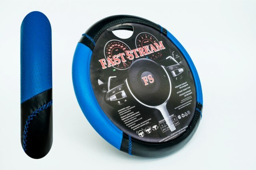 Оплетка руля M 37-38 см экокожа черно-синяя со швом (FAST STREAM)