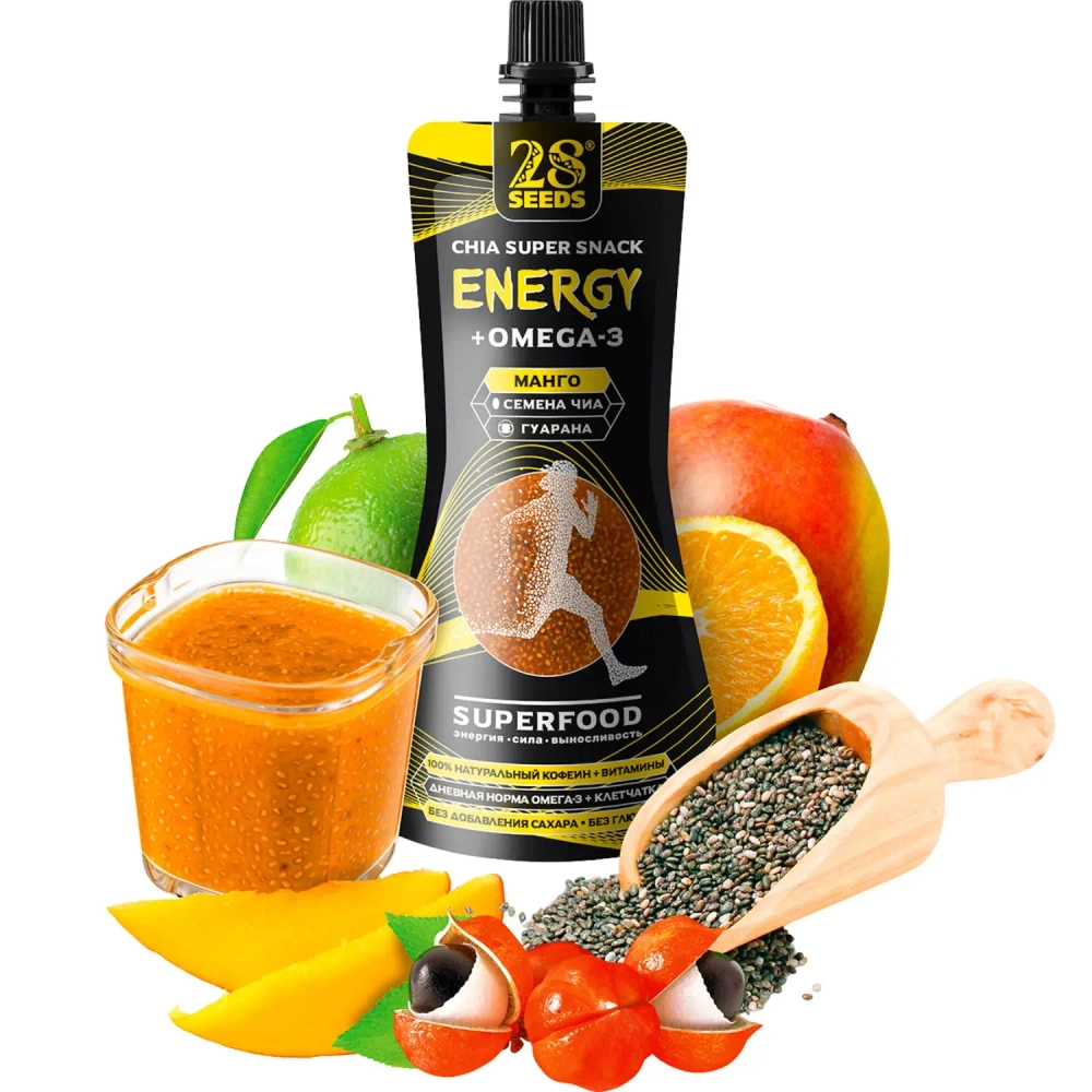 Набор энергетические напитки и снеки Чиа 28SEEDS «Ассорти» — 4 вкуса по 3 штуки - 12 паучей