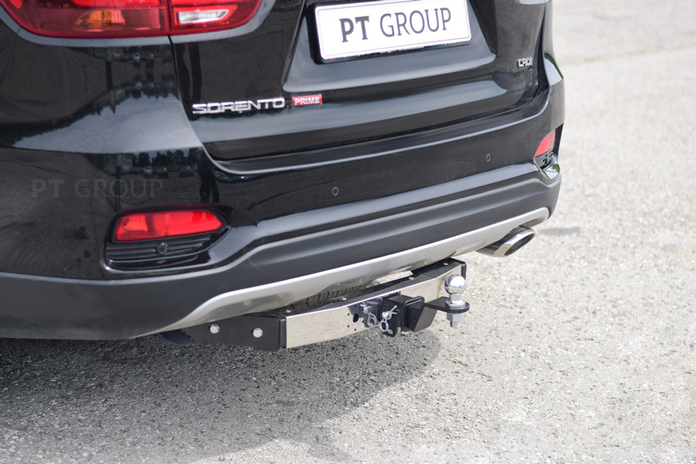 Фаркоп PT GROUP съемный квадрат, с нерж. накладкой для KIA Sorento Prime/HYUNDAI Santa Fe 2018-2020(паспорт и сертификат в комплекте)(без электрики) арт.HSF-18-991124.00