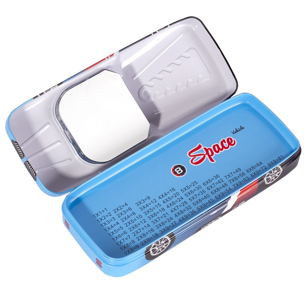 Пенал металлический машина 2 отделения Alingar, таблица умножения, звездочки в жидкости, 85 х 250 мм, "Space vehicle", синий (машинка с космонавтом)