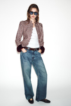 ZARA БЛЕЙЗЕР С МАНЖЕТАМИ ИЗ ИСКУССТВЕННОГО МЕХА, БОРДОВЫЙ/ЭКРЮ