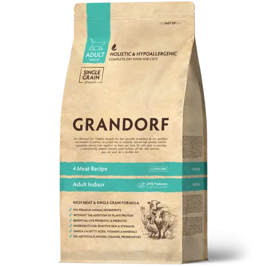 Сухой низкозерновой корм GRANDORF CAT 4 Meat PROBIOTIC INDOOR Четыре вида мяса для домашних кошек 0,4кг