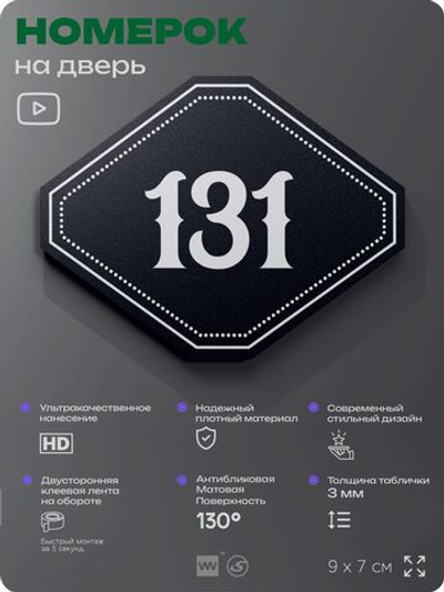 Номерок на дверь квартиры 131, для кабинета, офиса, шильдик 9 х 7 см, черный, Айдентика Технолоджи