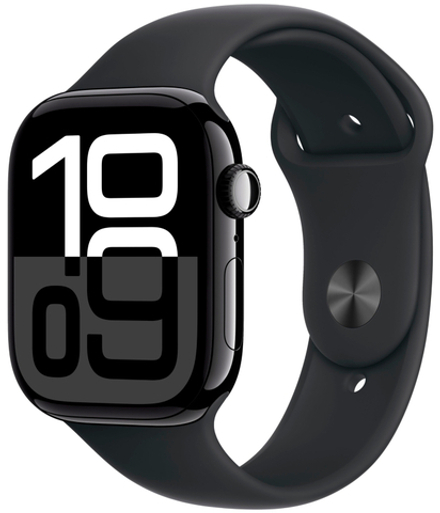 Apple Watch Series 10, 42 мм, корпус из алюминия цвета «чёрный глянец», спортивный ремешок черного цвета