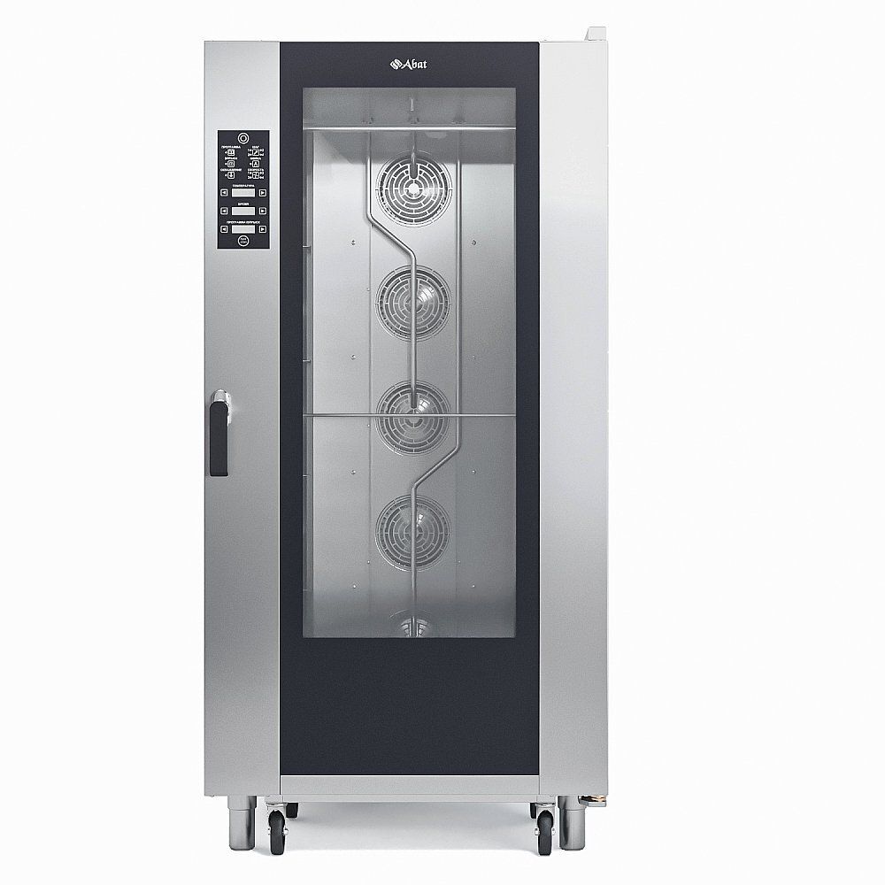 11000027030 Абат Конвекционная печь КЭП-16, стационарные направляющие на 16 уровней 400х600 мм, нерж. камера, пароувлажнение - инжекция, 2 скорости вращения вентиляторов, память на 110 программ, до 4-ех этапов в программе, ручной душ в комплекте, без противней, корпус нерж.