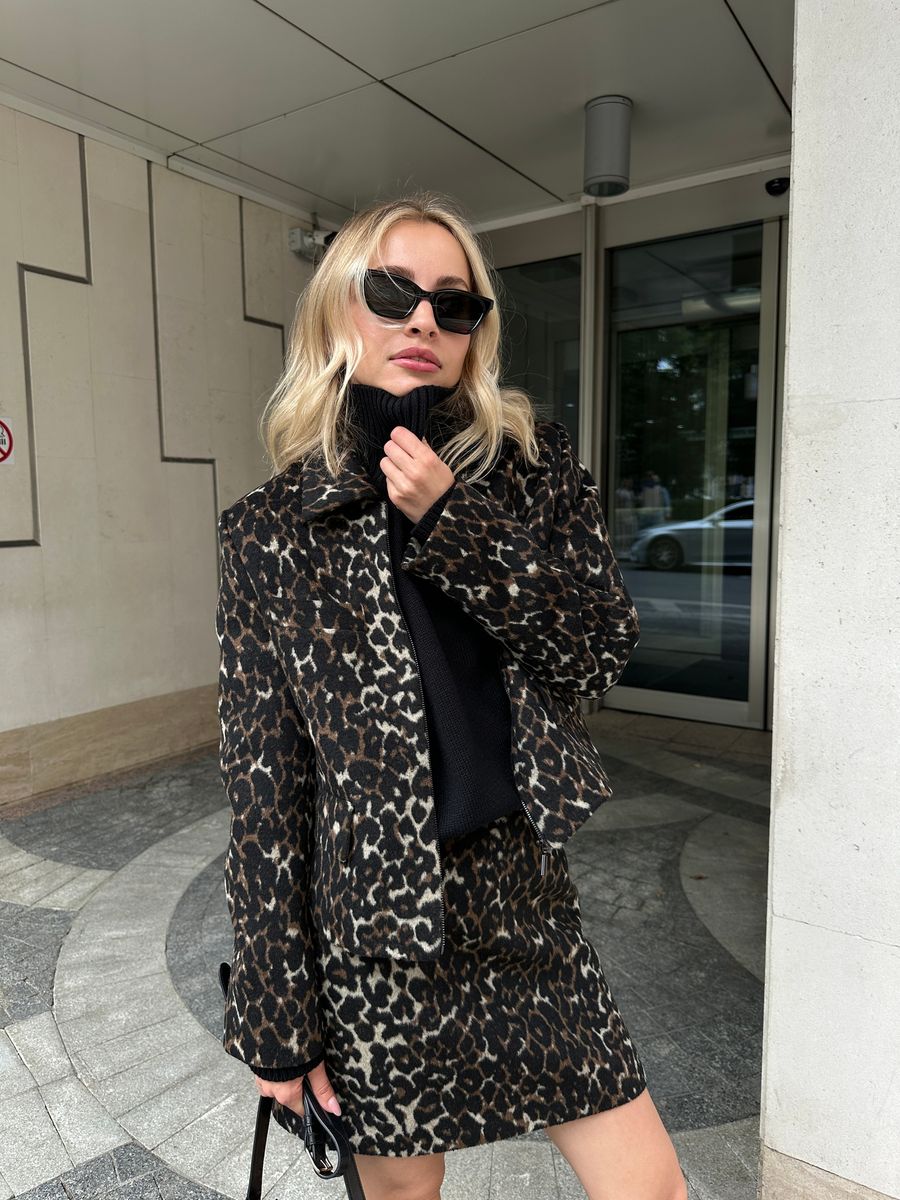 Пальто из смесовой шерсти укороченное на молнии леопард