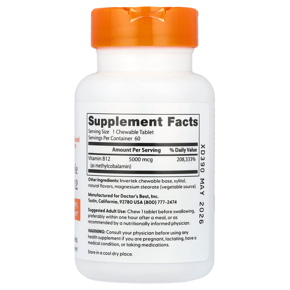 Doctor's Best, Жевательные полностью активные витамины B12, ягодное ассорти, 5000 мкг, 60 таблеток