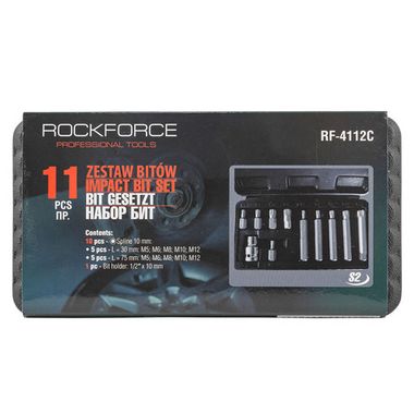 Набор бит SPLINE с битодержателем,11пр. 1/2''(L:30/75мм, M5,М6,М8,М10,M12)в пластиковом кейсе RockForce##Rock FORCE RF-4112C