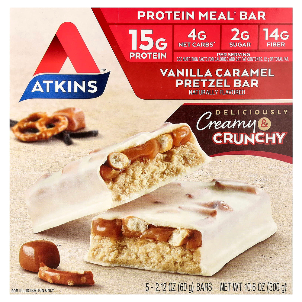 Atkins, протеиновый батончик, крендель с ванилью и карамелью, 5 шт. по 60 г (2,12 унции)