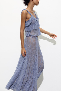 ZARA КРУЖЕВНОЙ ТОП С ВОЛАНАМИ, ВЫЦВЕТШИЙ СИНИЙ