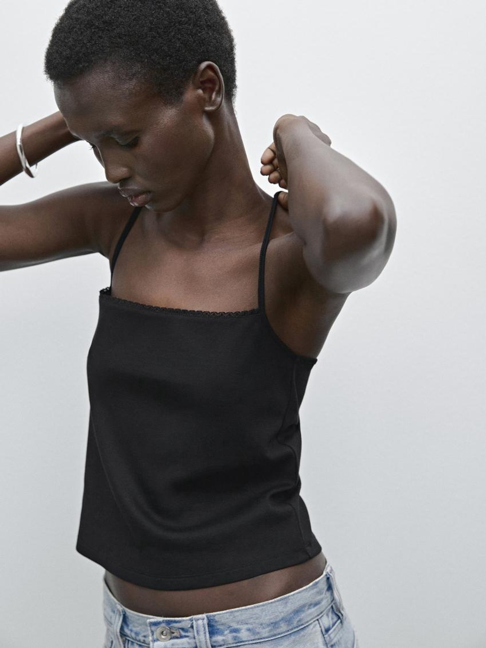 Massimo Dutti Трикотажный топ на бретелях с кружевом, черный