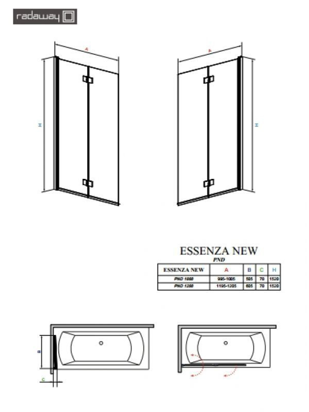 Шторка на ванну Radaway Essenza New PND 120 207212-01L левая, крепится слева, профиль хром, стекло прозрачное 120x150см. схема