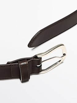 Massimo Dutti Кожаный ремень с декоративной строчкой, коричневый