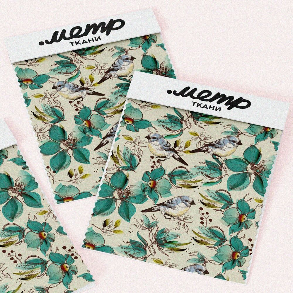 Ткань таффета бирюзовые цветы с птицами