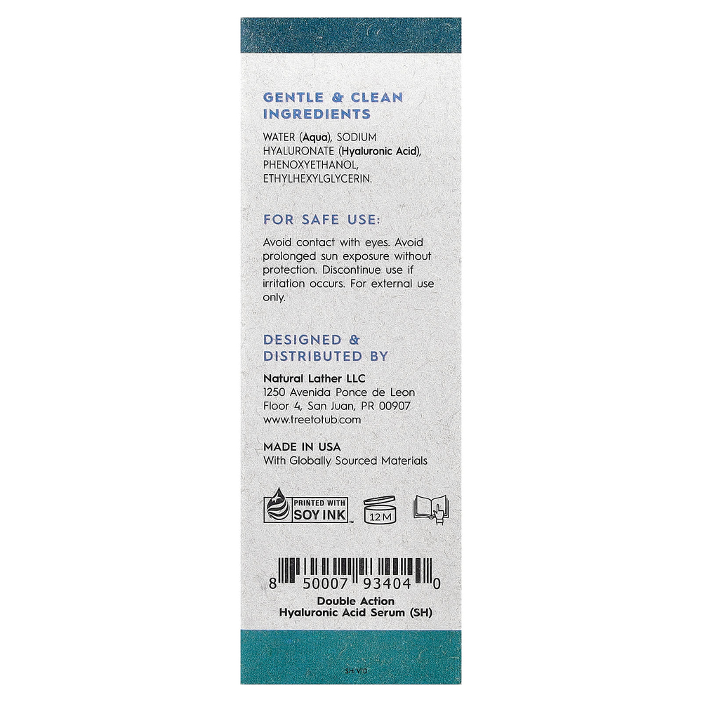 Tree To Tub, сыворотка с гиалуроновой кислотой двойного действия, без отдушки, 30 мл (1 жидк. унция)