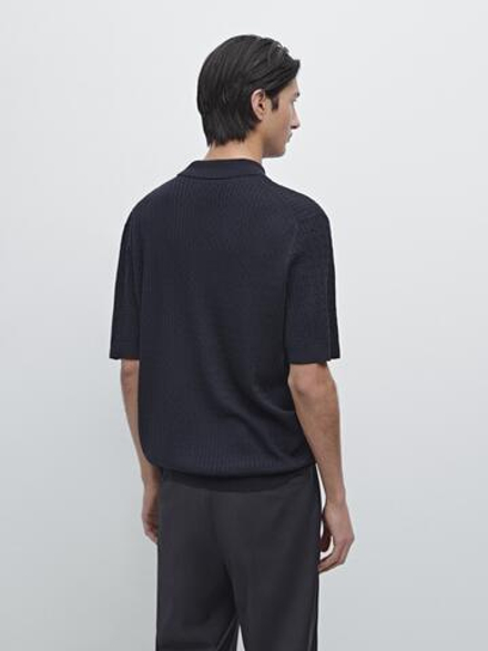 Massimo Dutti Трикотажный свитер-поло из мериносовой шерсти, темно-синий