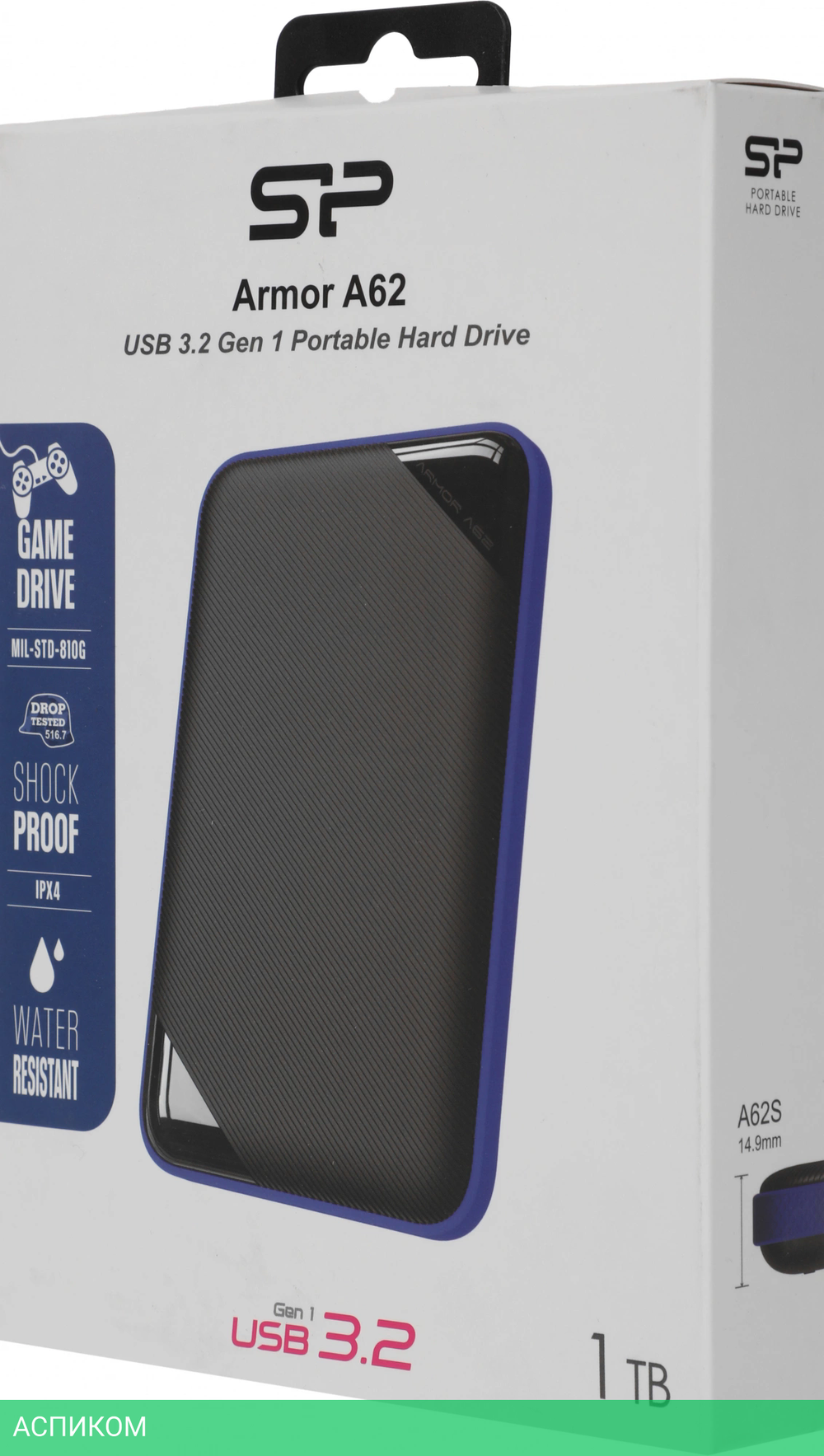 Внешний накопитель Silicon Power Armor A62 1Tb черный/синий (SP010TBPHD62SS3B)