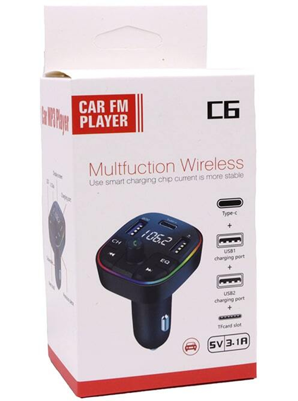 Автомобильный FM-трансмиттер C6 Bluetooth (черный) LED