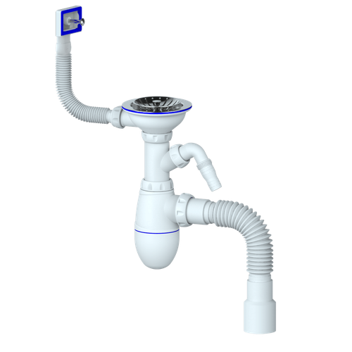 Сифон UNICORN для мойки, отвод для стир. маш. прямоуг. перелив,чашка нерж Ø 115, ручка-пластик B435VP