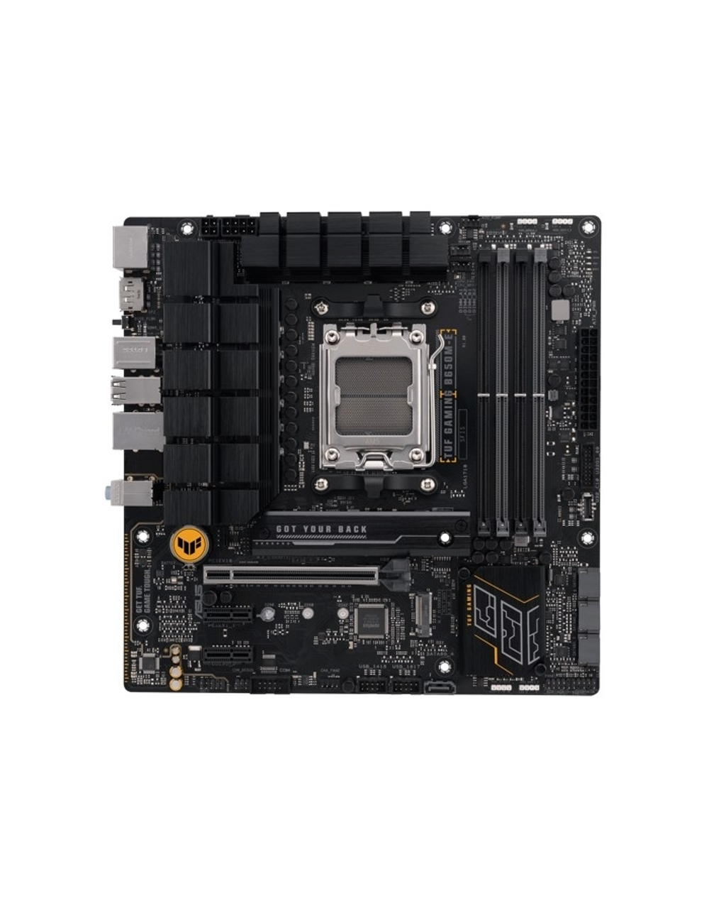 Материнская плата ASUS TUF GAMING B650M-E (Socket AM5, mATX, 4xDDR5(128GB), HDMI 2.1/2xDP/1xPCIe 4.0x16/2xPCIe 4.0, 1xLAN (2.5GbE), 4xSATA 6Gb/s, 2xM.2, 1xType-C, 3xUSB 3.2, 4xUSB 2.0)