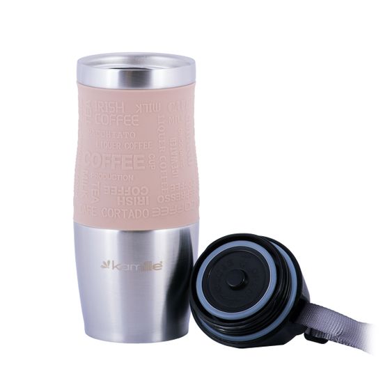 Термокружка 380 мл. из нержавеющей стали Kamille KM-2052 с TPR-вставкой и ремешком