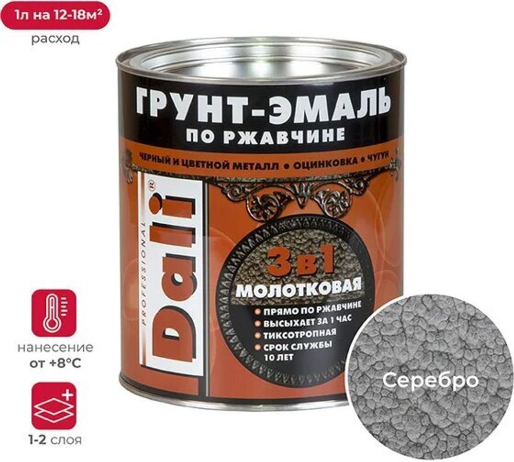 Грунт-эмаль молотковая по ржавчине 3 в 1 серебристая 2л Дали Рогдена