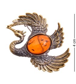 AM-3512 Брошь «Цапля Исполинская» (латунь, янтарь)