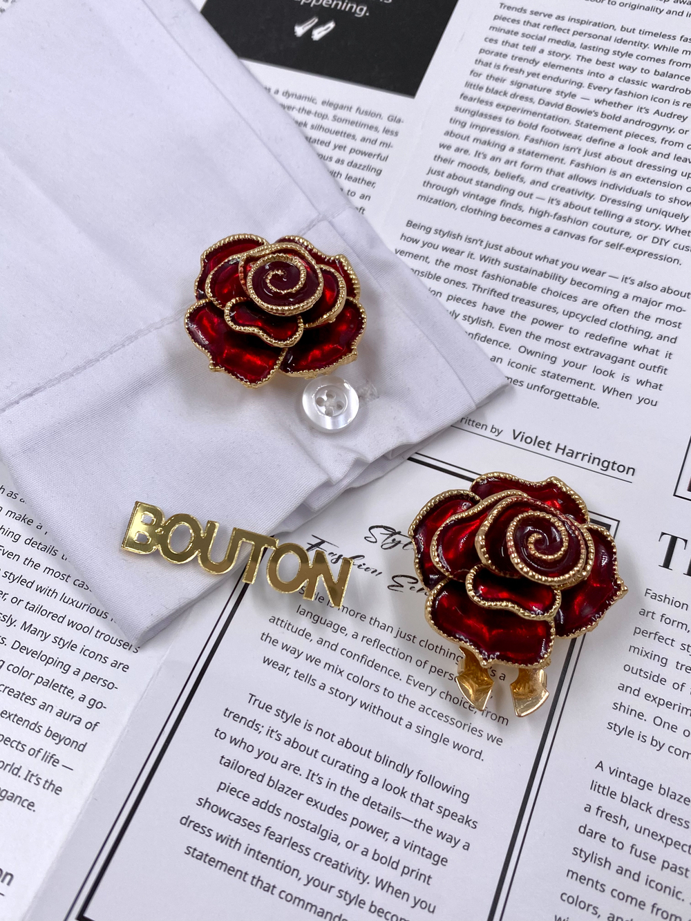 Накладка на пуговицу Роза объемная с красной эмалью