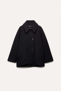 ZARA УКОРОЧЕННОЕ ШЕРСТЯНОЕ ПАЛЬТО — ZW COLLECTION, ЧЕРНЫЙ