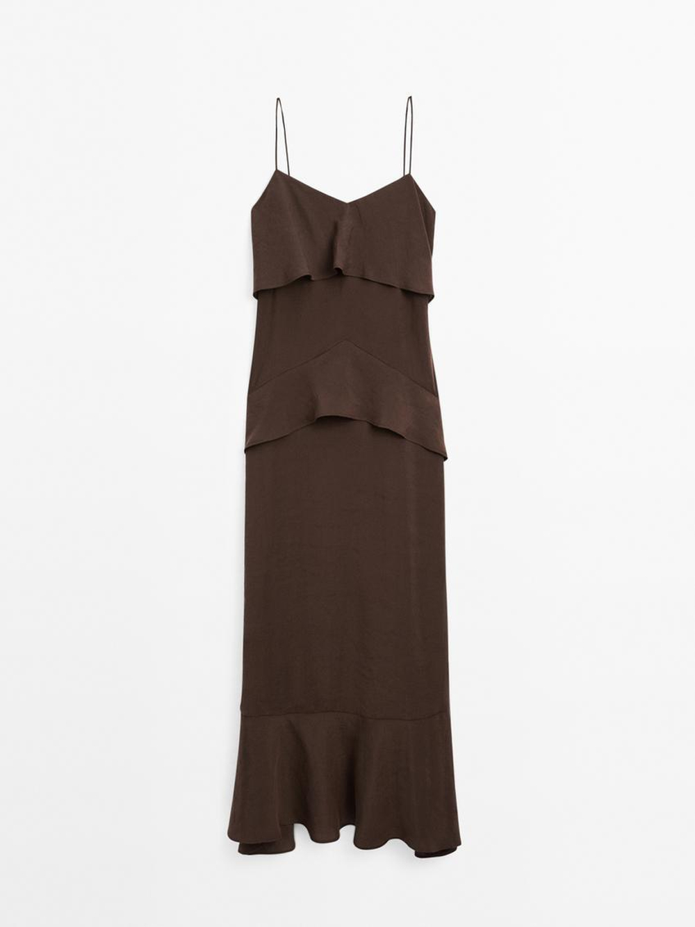 Massimo Dutti Длинное платье с воланами, шоколадный