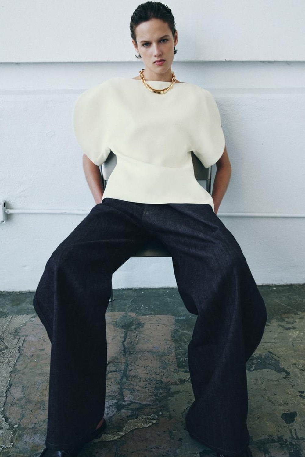 ZARA ТОП С ОБЪЕМНЫМИ РУКАВАМИ — ZW COLLECTION, ЦВЕТ СЛОНОВОЙ КОСТИ