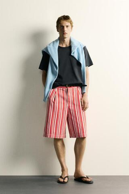 ZARA ШОРТЫ WIDE FIT В ПОЛОСКУ, КРАСНЫЙ