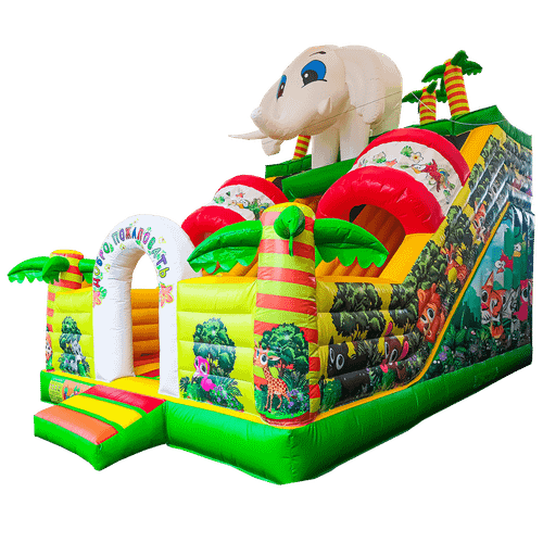 Детский надувной батут-горка "Слоник в джунглях" с прямым скатом 7*5*6 м