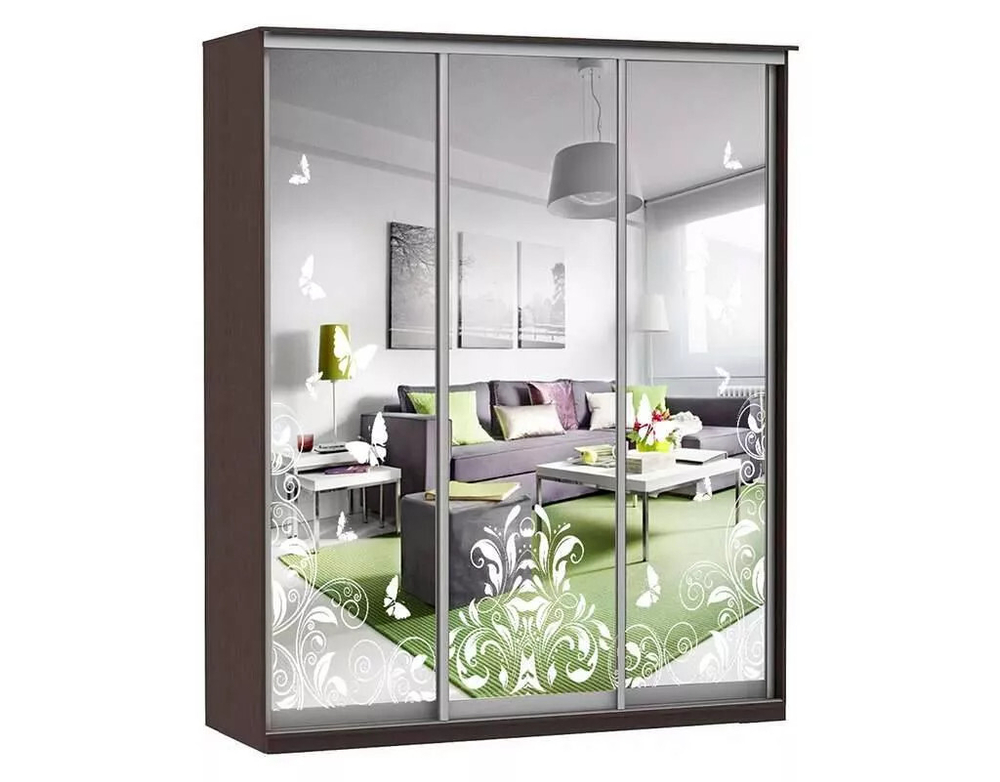 Шкаф купе Модерн 2076х600 3-х дверный 3-х секционный зеркальный с пескоструем №4 венге