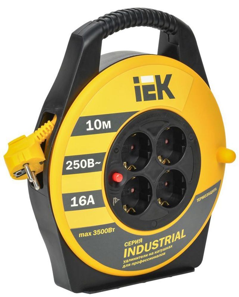 Удлинитель на катушке 4х10м с заземл. 16А IP20 Industrial УК10 3х1.5 термозащита IEK WKP15-16-04-10
