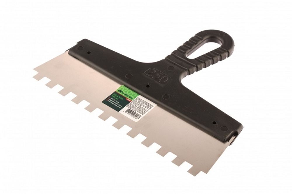 Шпатель из нержавеющей стали, 250 мм, зуб 10 х 10 мм, пластмассовая ручка Сибртех, 85500