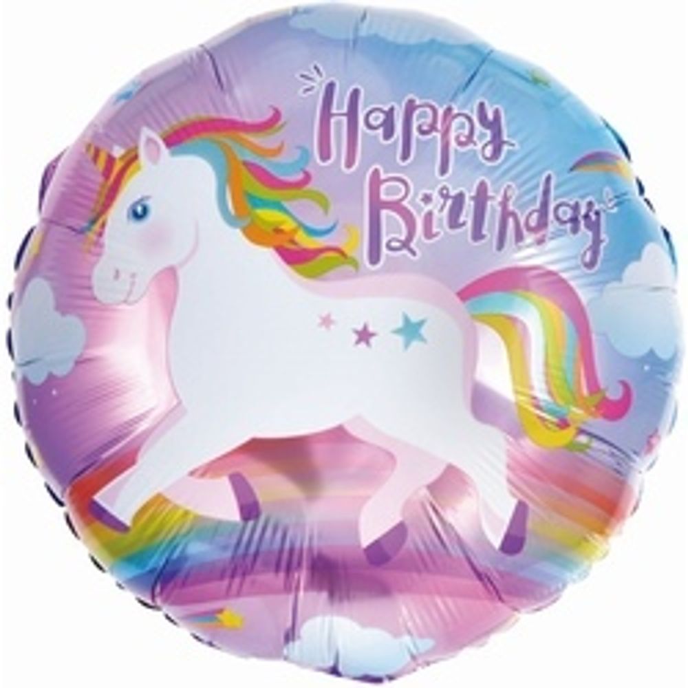 Шар (18"/46 см) Круг, С Днем Рождения! (единорог)