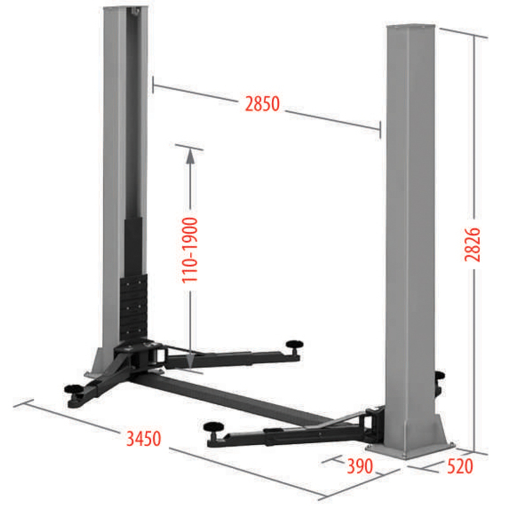 Подъемник электрогидравлический 4т 110-1900мм 2-х стоечный 380В ниж.синхрон. (руч. спуск) GTE