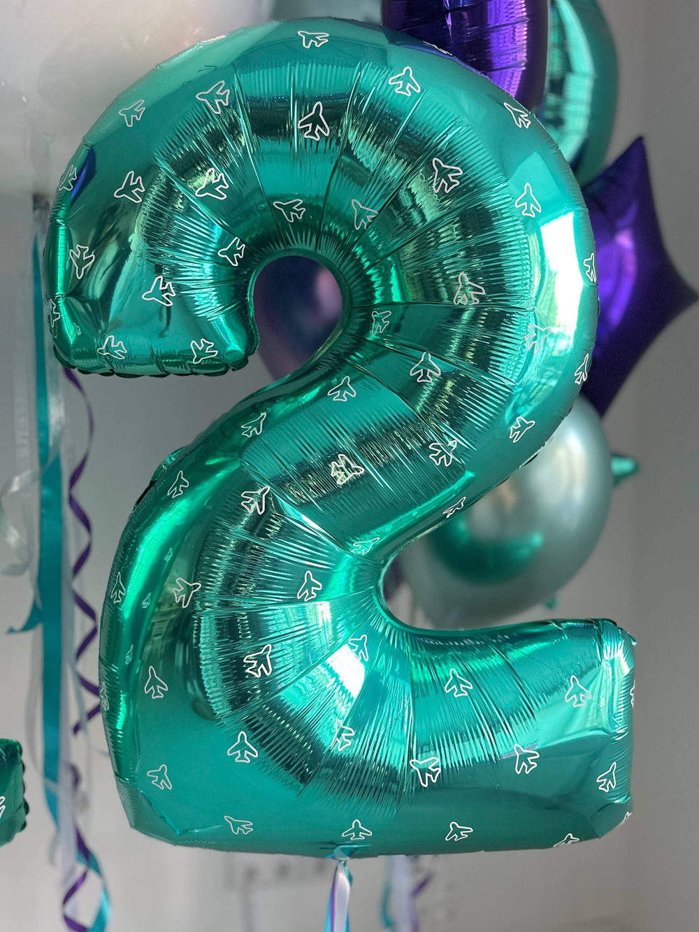 Воздушные гелиевые шары бирюзовый/фиолетовый самолет №4653