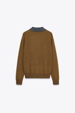 ZARA ТРИКОТАЖНЫЙ СВИТЕР ПОЛО С УЗОРОМ «РОМБЫ», СВЕТЛО-КОРИЧНЕВЫЙ