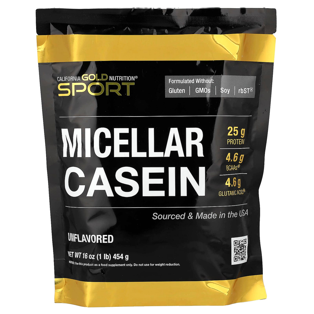 California Gold Nutrition, Sport, мицеллярный казеин, без добавок, медленное усвоение, 454 г (16 унций)