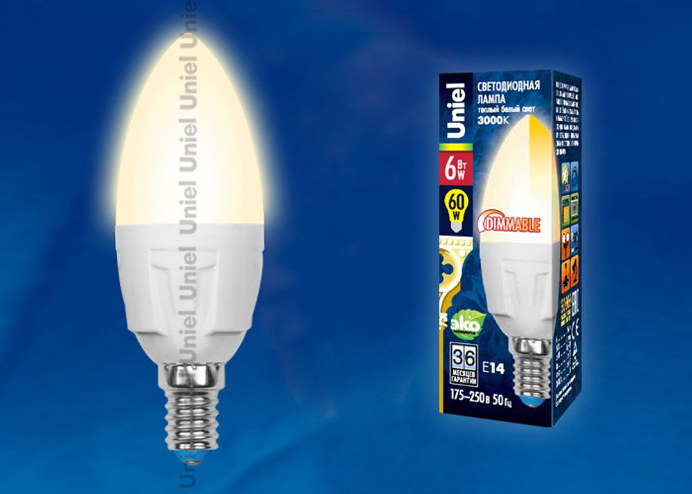 LED-C37-6W/WW/E14/FR/DIM PLP01WH Лампа светодиодная диммируемая. Форма свеча, матовая. Серия Palazzo. Теплый белый свет. Картон. ТМ Uniel.