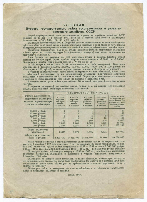 Облигация 100 рублей 1947 год. 2-ой заем восстановления и развития народного хозяйства. Серия № 037184. VG-F