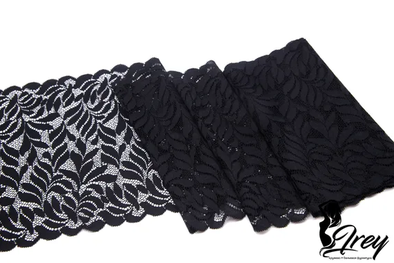 03-260 Кружево эластичное 20 см, листочки, черный 170