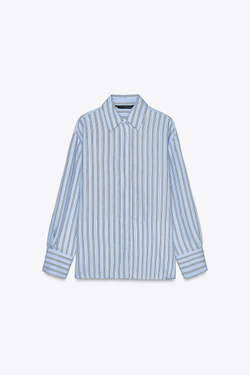 ZARA РУБАШКА ОВЕРСАЙЗ В ПОЛОСКУ С БУСИНАМИ, СИНИЙ/БЕЛЫЙ