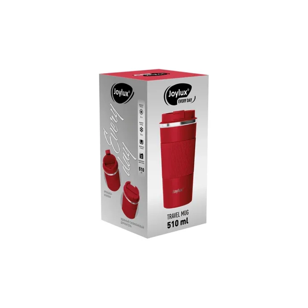 Термокружка 510 мл JOYLUX (ДЖОЙЛЮКС) EVERY DAY, нержавеющая сталь SUS304, силиконовый рукав, красный матовый, 700294