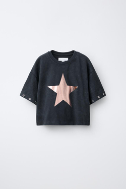 ZARA ФУТБОЛКА СО СВЕРКАЮЩИМИ ЗВЕЗДАМИ, ЧЕРНЫЙ