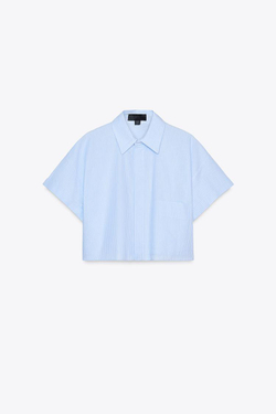 ZARA УКОРОЧЕННАЯ РУБАШКА ИЗ ПОПЛИНА, БЕЛЫЙ/НЕБЕСНО-ГОЛУБОЙ